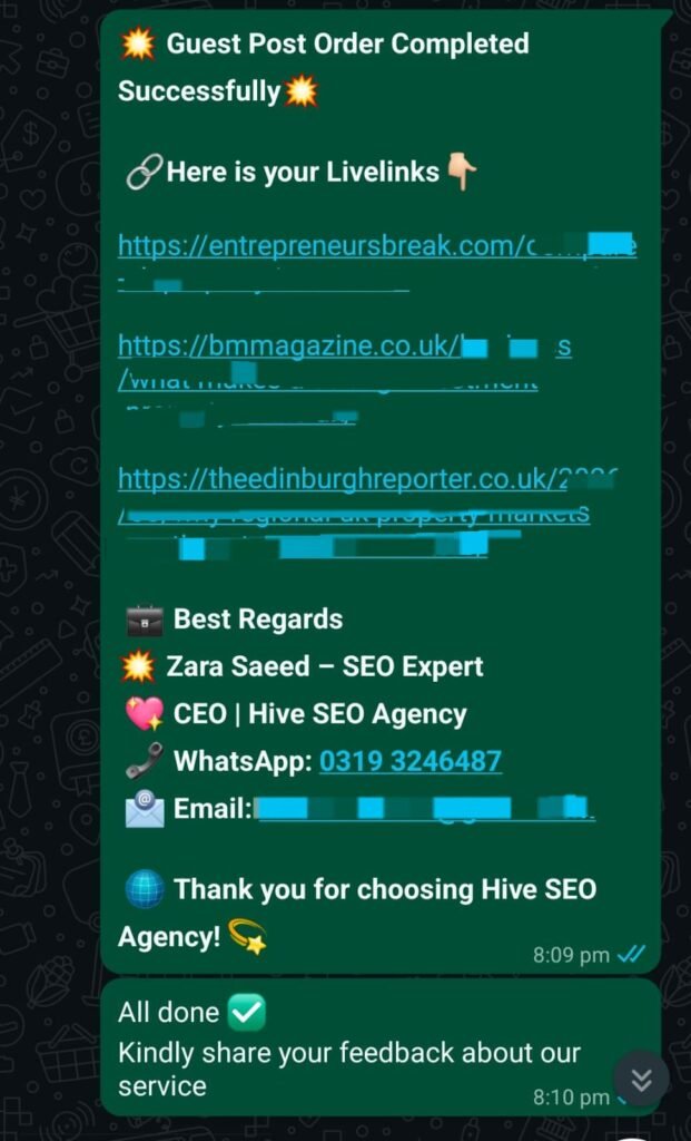 Hive SEO Agency guest posting project successfully completed with 3 live backlinks delivered to the client.